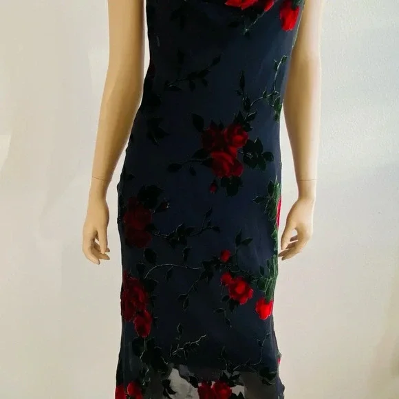 Vintage 90’s Betsey Johnson NY Dress Black Red Rose Mesh Velvet Burnout Sz L - Picture 8 of 13